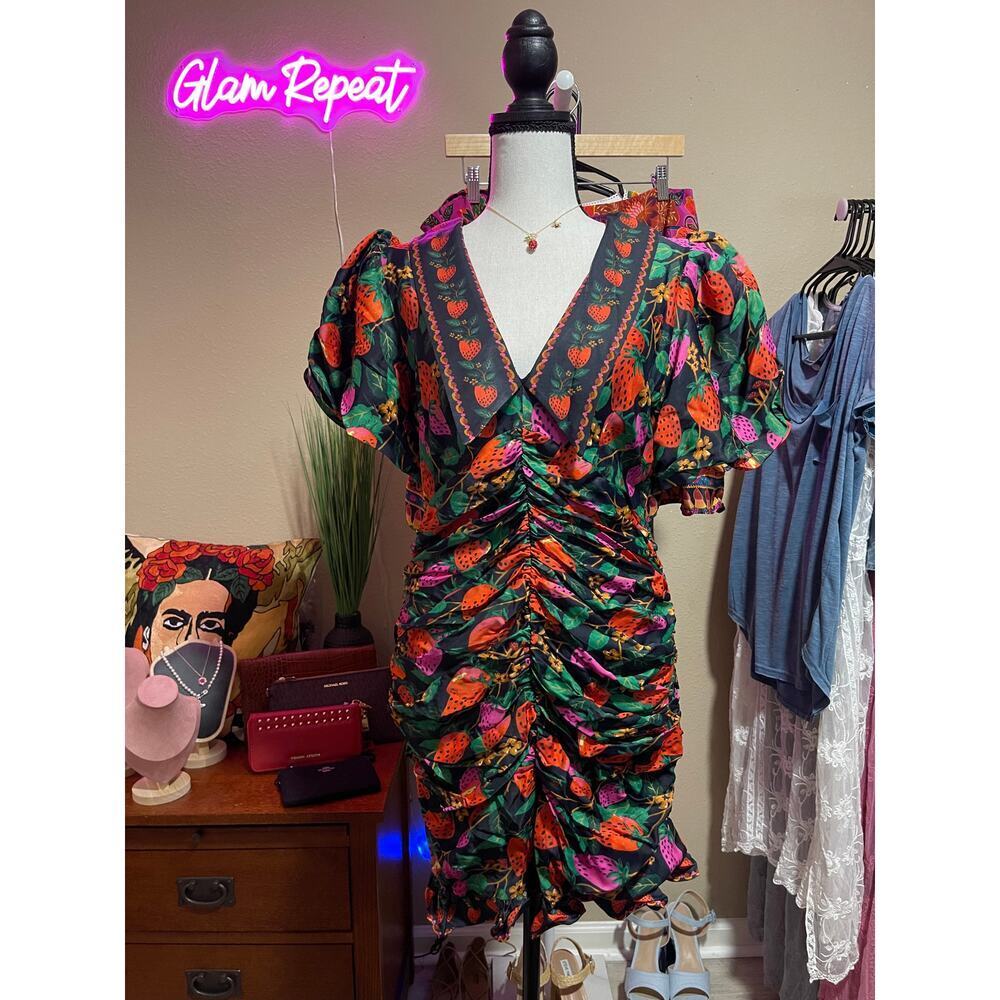 Farm Rio Lady Strawberry Puff-Sleeve Mini Dress